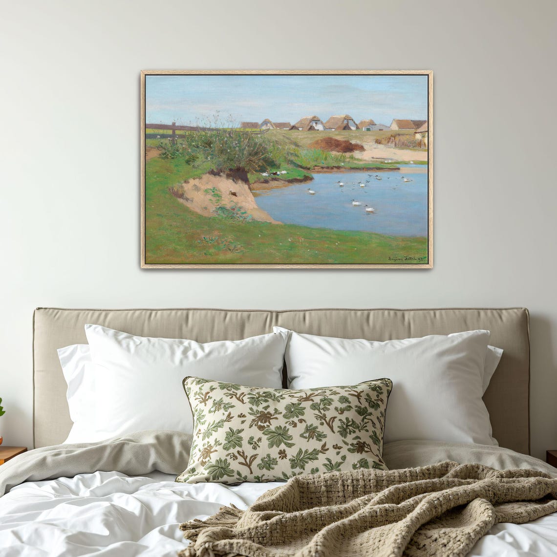 Framed Print Of Farmhouses By A Pond With Ducks Landscape Fine Art Print Green And Blue Entryway Art Print Country Oil Painting - Image 4