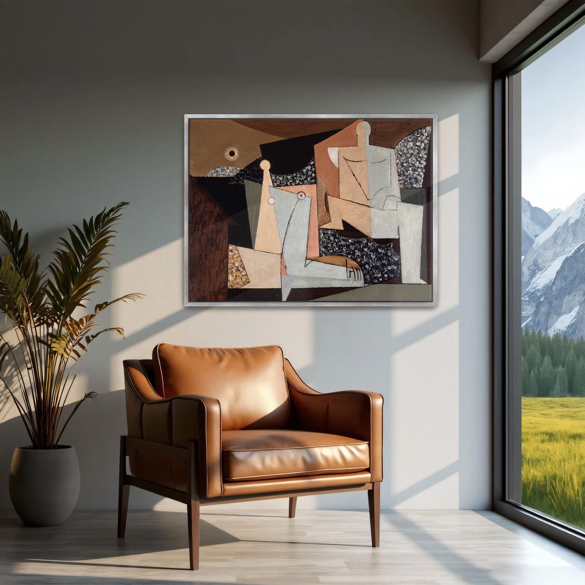 Framed Print Of Two Figures On A Beach With Geometric Shapes Geometric Print Brown And White Bedroom Artwork - Image 2