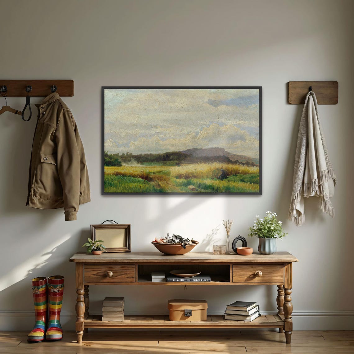 Large Framed Print Of A Woman In A Field With A Cloudy Sky Landscape Wall Art Green And White Living Room Decor Farmhouse Art - Image 3