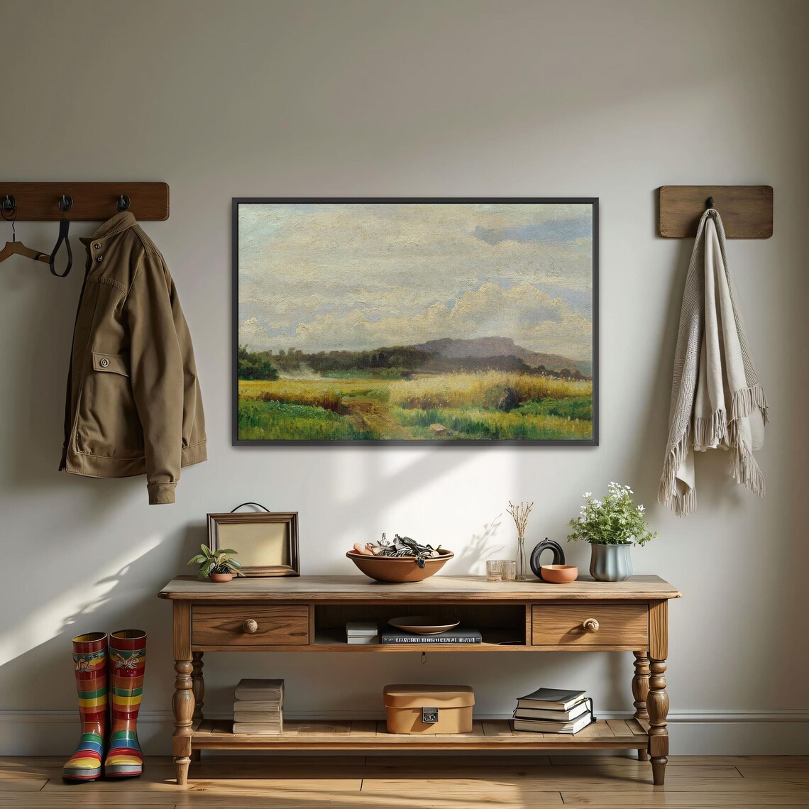 Woman in a Golden Wheat Field under Cloudy Sky Farmhouse Poster - Image 3