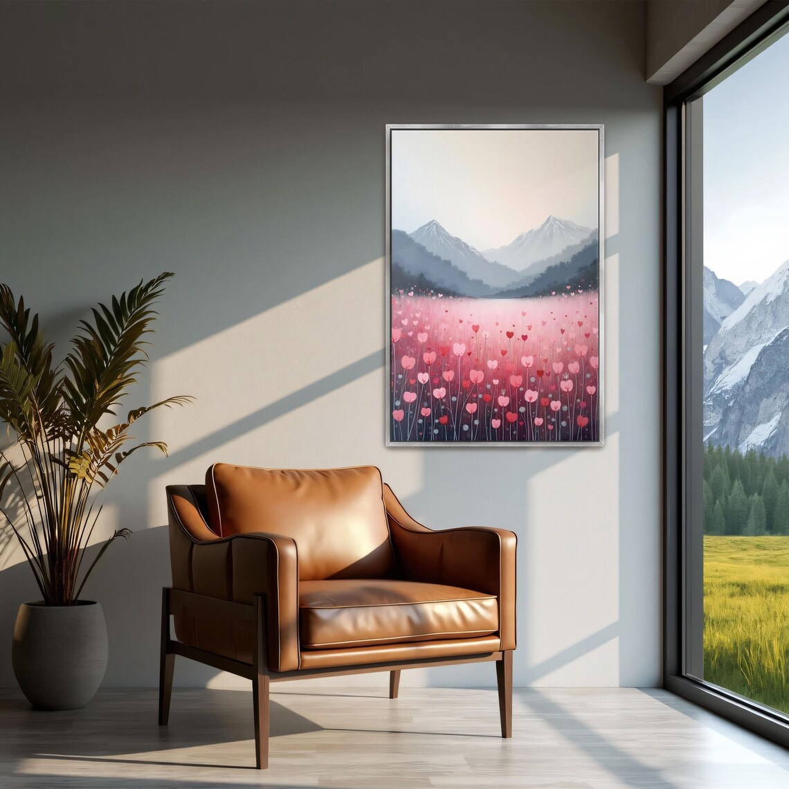 Field Of Pink Heart Shaped Flowers With Snowy Mountains Poster - Image 2