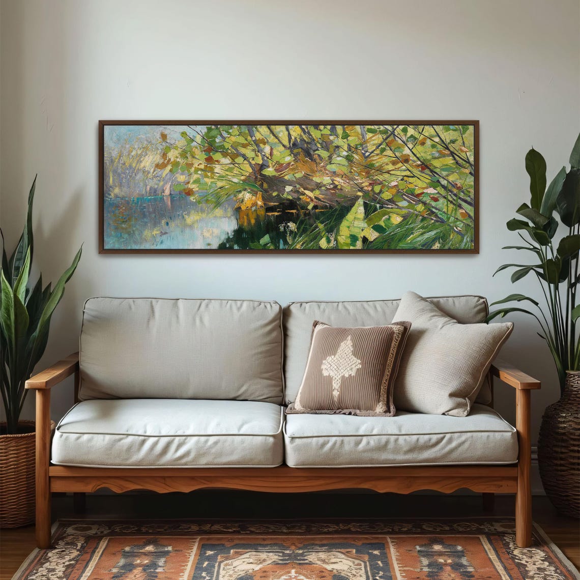 Autumn Riverbank Trees Impressionist Panoramic Landscape Poster - Image 2