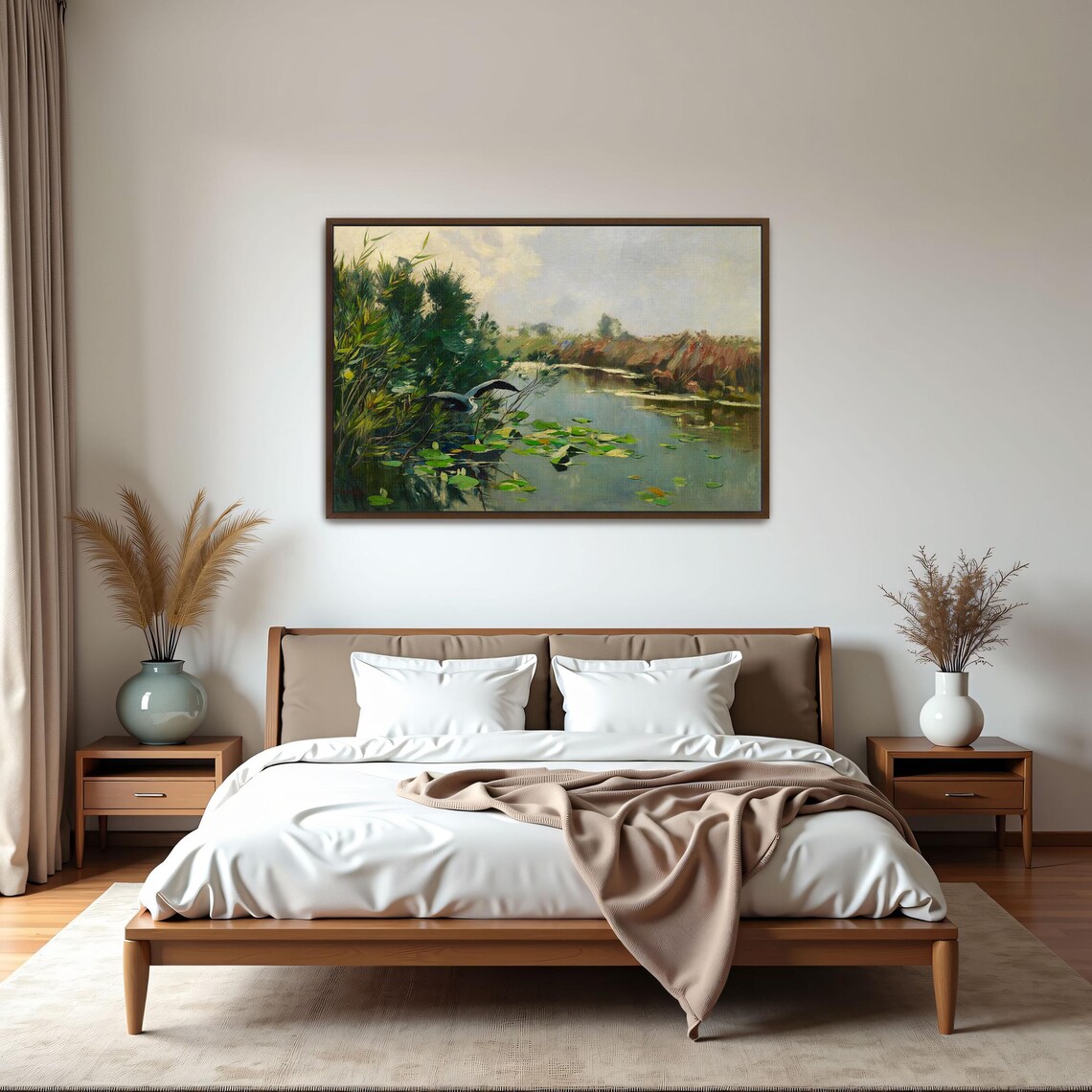 Heron in Flight Over a Lily Marsh Serene River Landscape Poster - Image 6