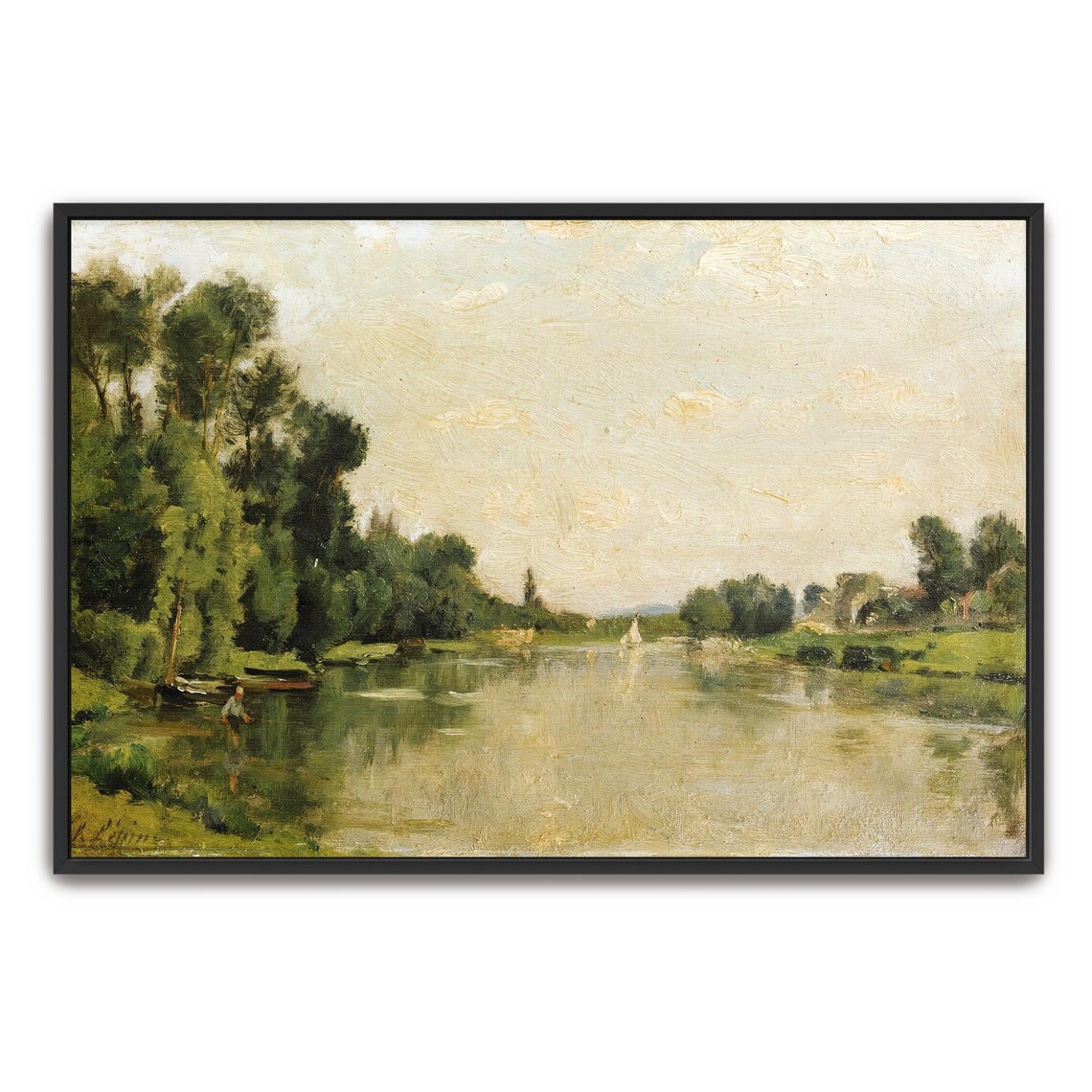 Old River Landscape With Trees And A Small Wooden Boat Oil Poster
