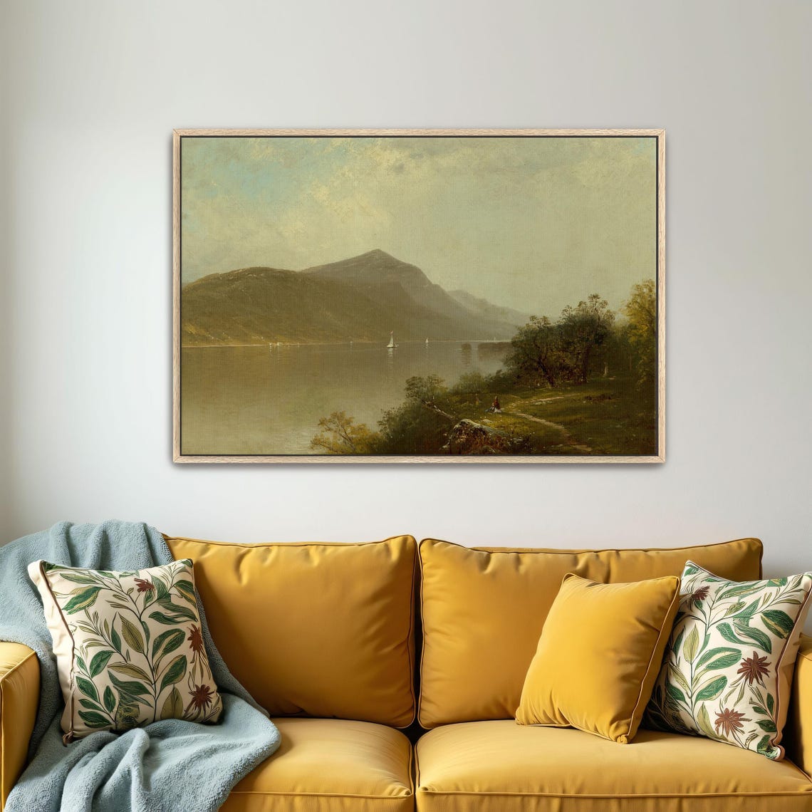 Framed Wall Art Of Sailboats On A Lake With Mountains In The Background Landscape Print Green And Brown Entryway Art - Image 5