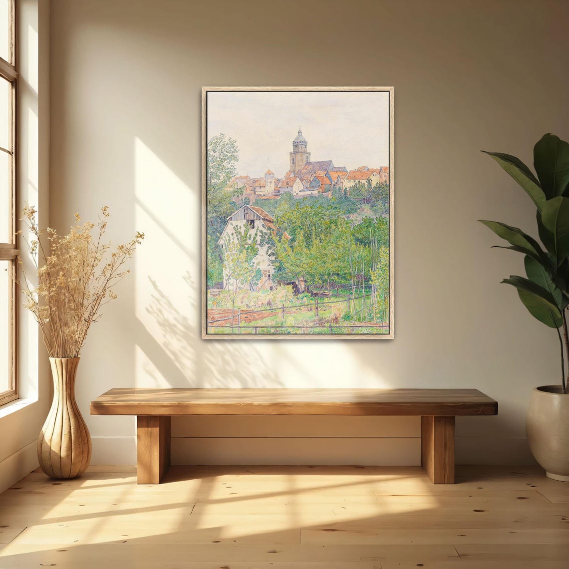 Village Landscape With Church Tower Rustic Watercolor Art Poster - Image 5