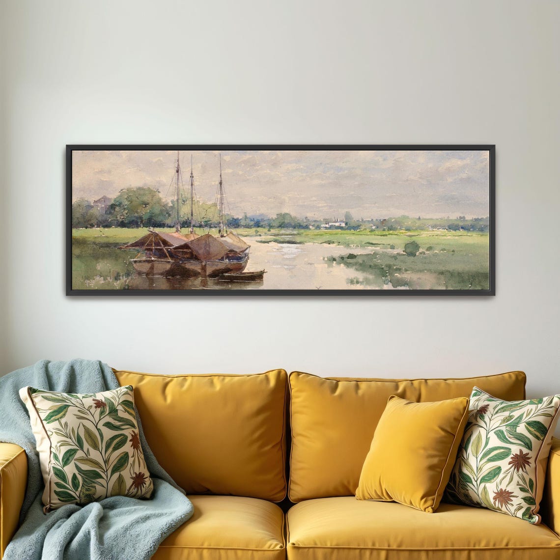 Three Sailboats Docked In A River Panoramic Wall Art Horizontal Framed Art Above Bed Wall Art Bedroom And Living Room Art Wide Narrow - Image 4