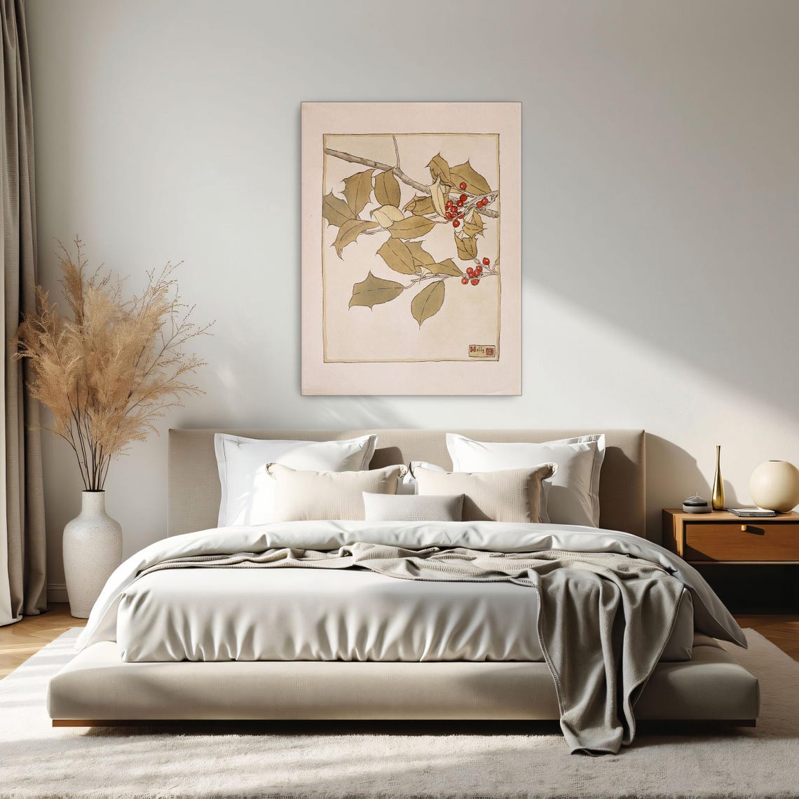 Holly Branch with Red Berries Japanese Style Botanical Poster - Image 2