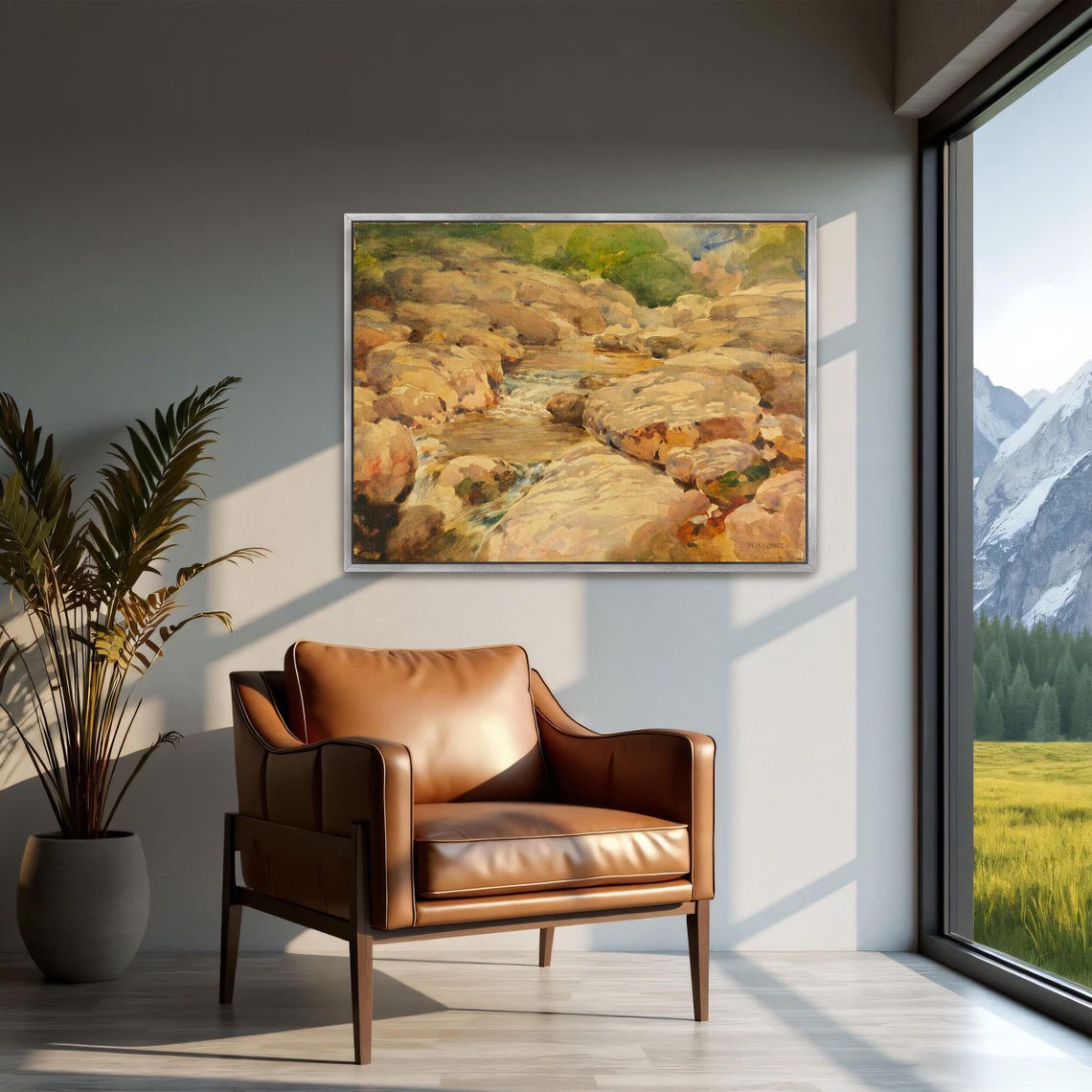 Framed Print Of Watercolor Painting Of A Stream In A Rocky Landscape Landscape Fine Art Print White And Yellow Boho Wall Art - Image 2
