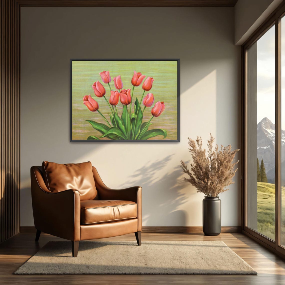 Red Tulips against a Green Background Contemporary Floral Poster - Image 4