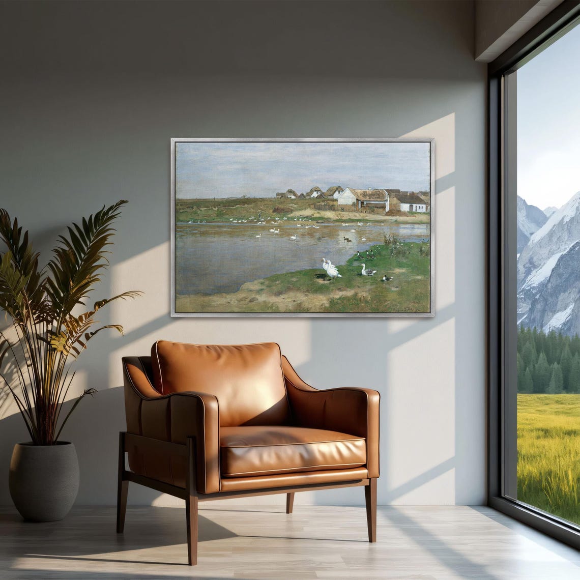 Framed Wall Art Of Village With Geese On A Lake Landscape Wall Art Green And Blue Bedroom Art White And Brown Farmhouse Fine Art Print - Image 3
