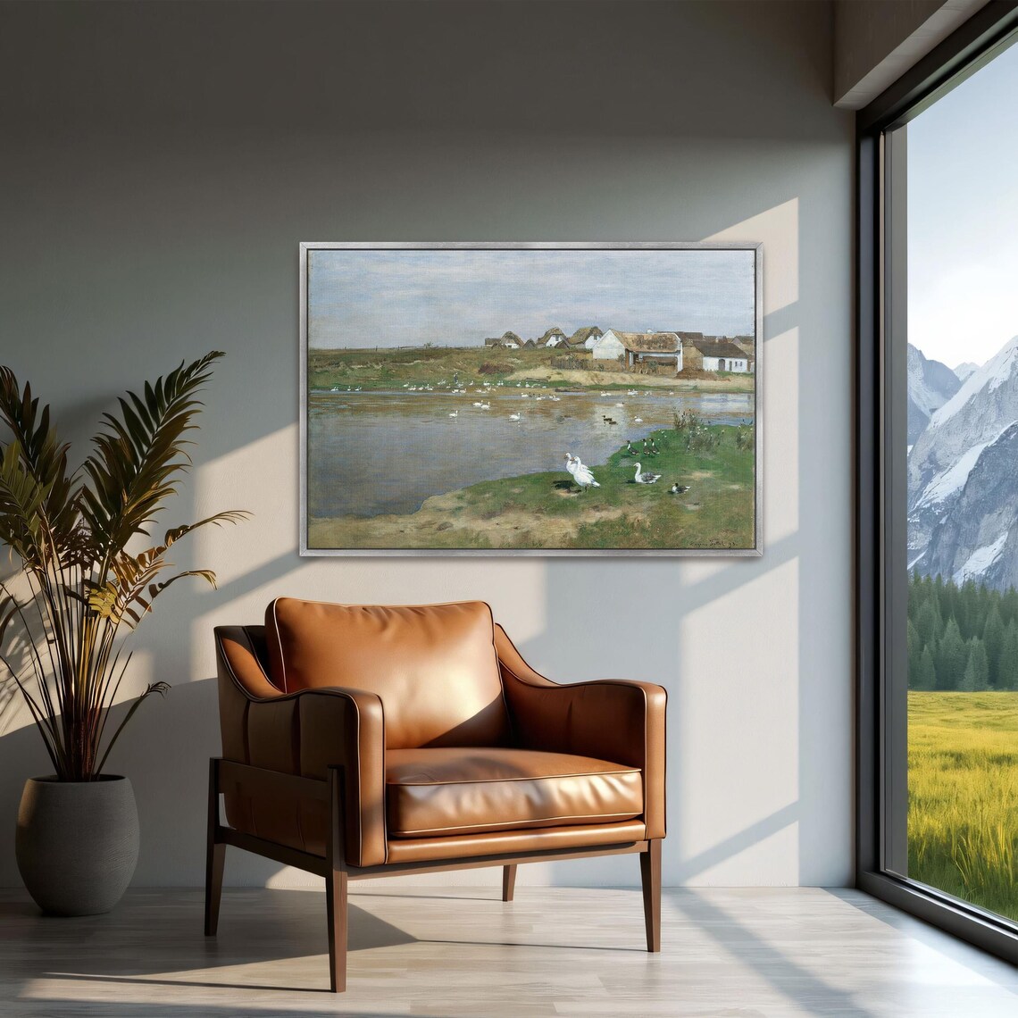 Geese on a Village Lake Farmhouse Waterside Landscape Poster - Image 3