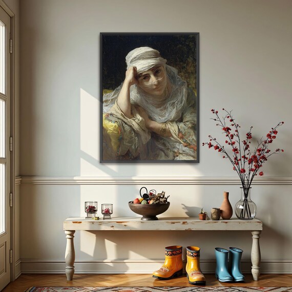 Victorian Woman in White Veil Seated Classic Portrait Art Poster