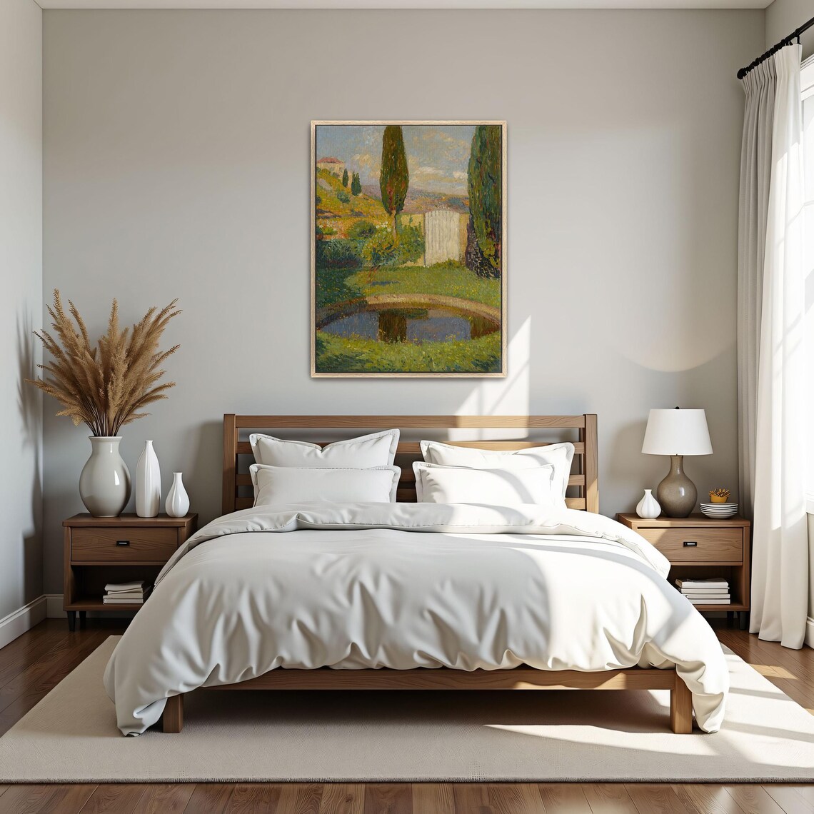 Framed Print Of A Pond In A Garden With Trees Landscape Fine Art Print Green And Blue Bedroom Art Print Rustic Oil Painting - Image 4