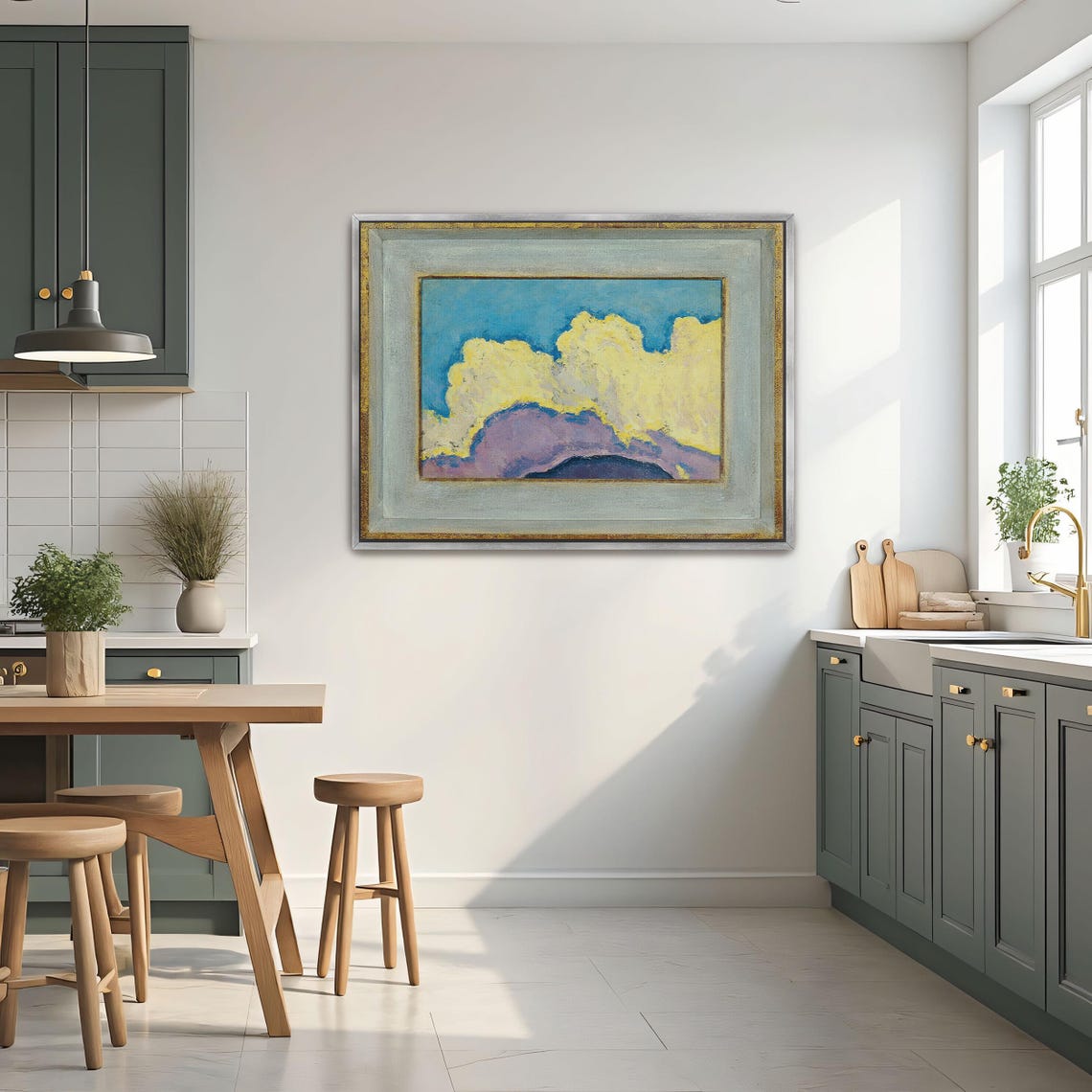 Framed Print Of Abstract Cloud Landscape Painting Cloud Wall Art Yellow And Blue Bedroom Decor Art Nouveau Oil Painting - Image 3