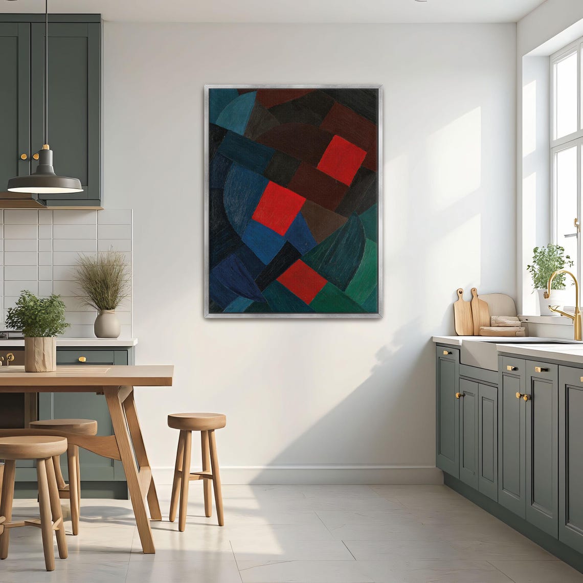 Framed Wall Art Of Abstract Geometric Painting With Red Squares Geometric Wall Art Blue And Green Living Room Artwork