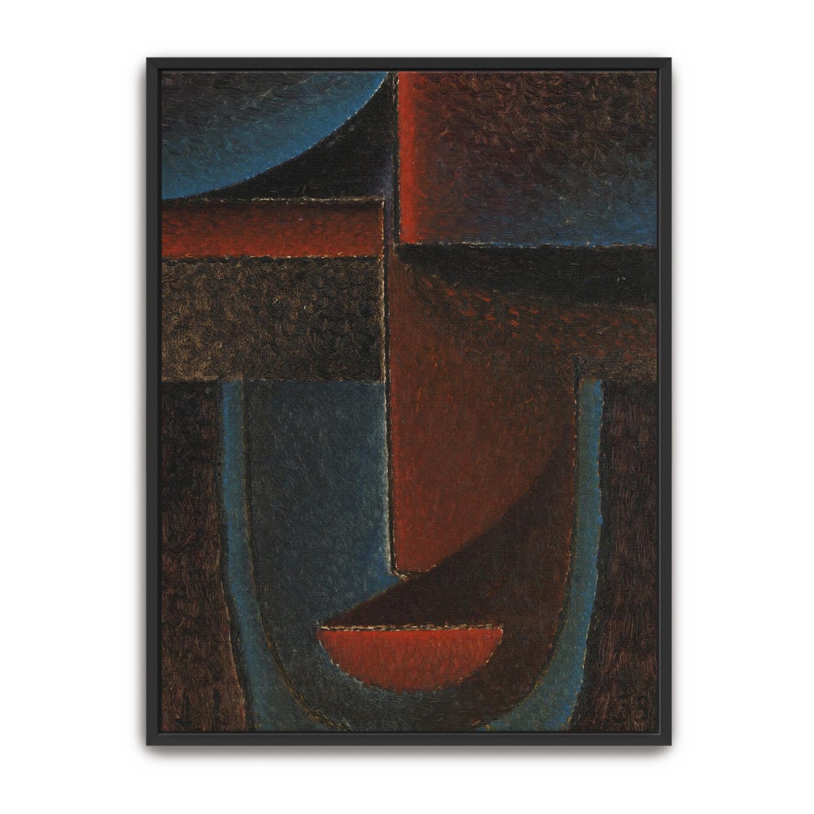 Dark Geometric Abstract Head in Blue Red and Brown Tones Poster