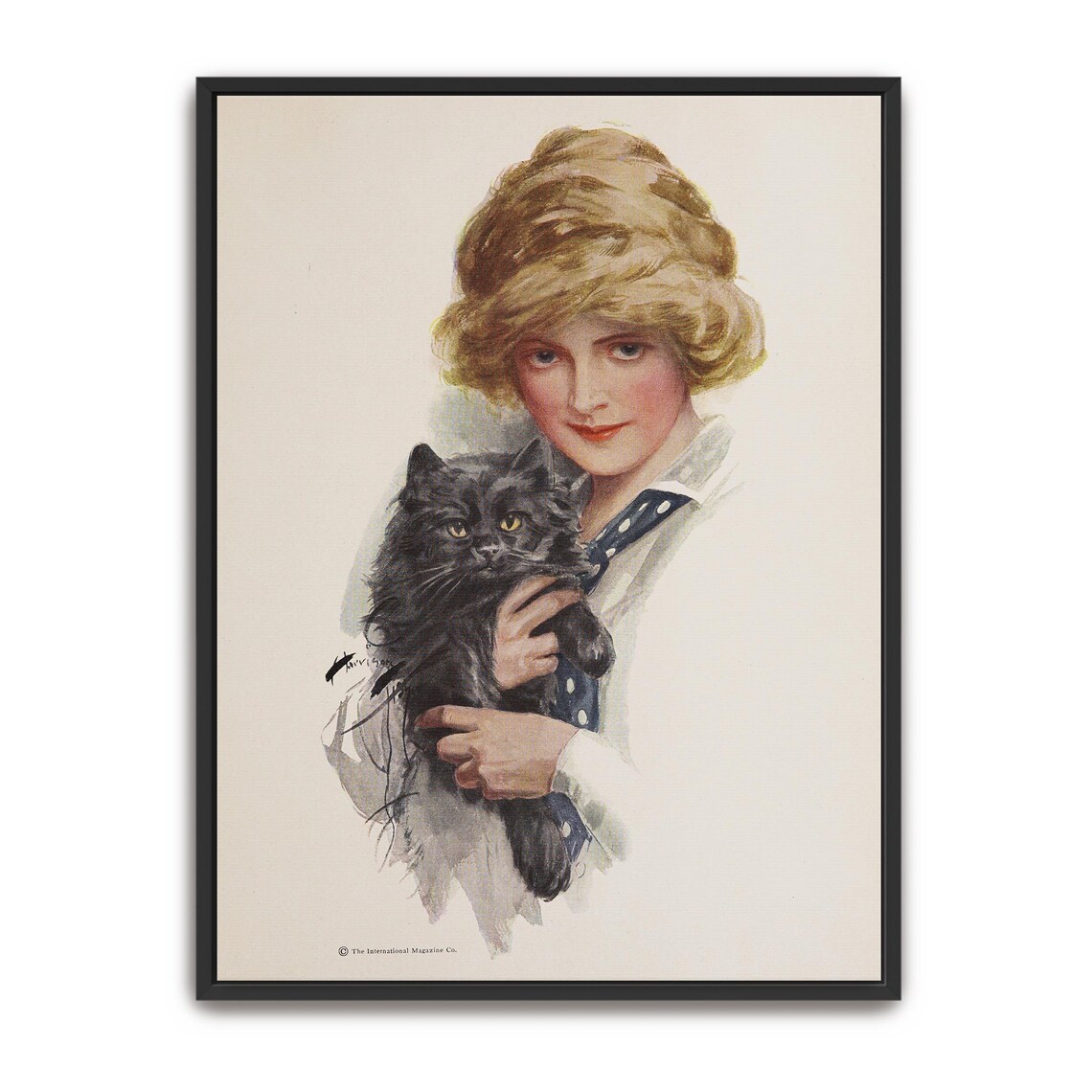Vintage Illustration Of A Woman Holding A Fluffy Black Cat Print