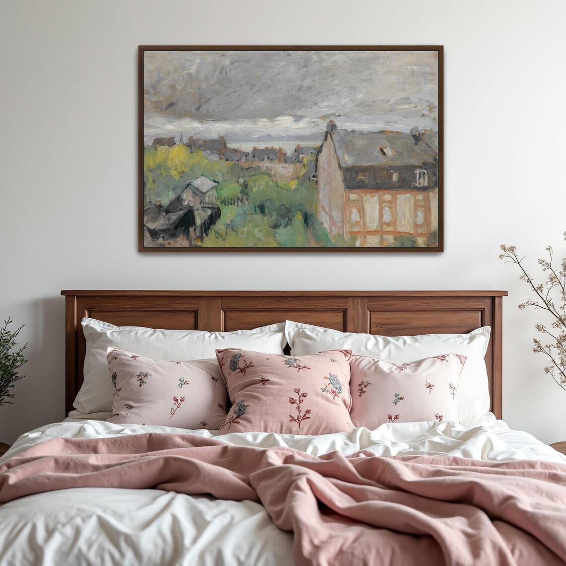 Village Houses Under a Cloudy Sky Muted Pastel Town Scene Poster - Image 6