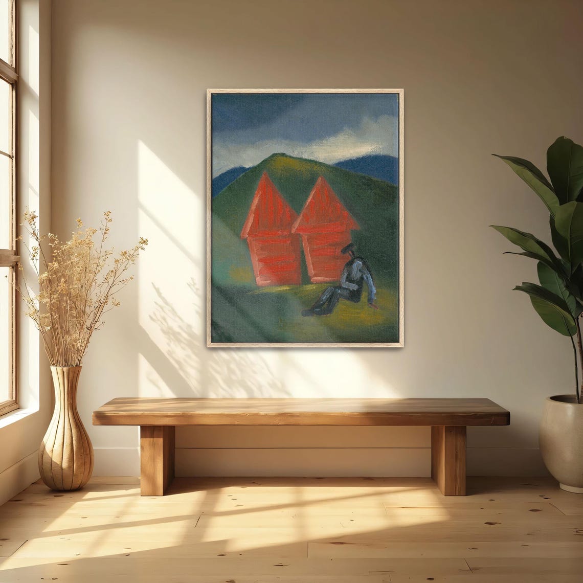 Two Red Barns on Green Hill with Seated Figure Expressionist Poster - Image 4