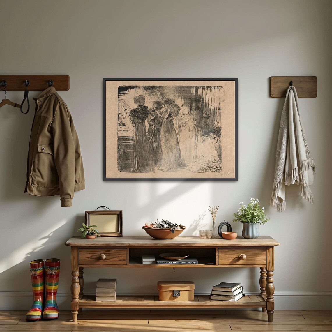 Monochrome Vintage Sketch Of Three Women In An Interior Poster