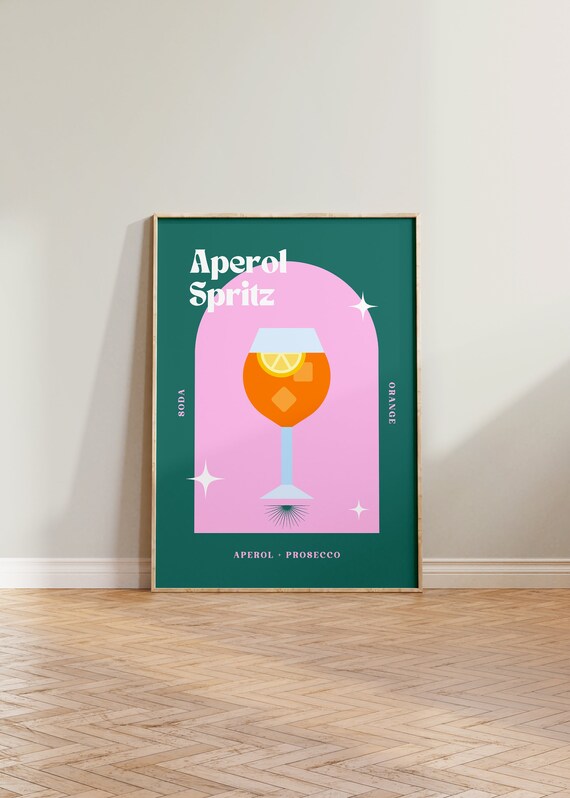 Aperol Spritz Retro Cocktail Bar Decor Orange Wine Glass Art Poster