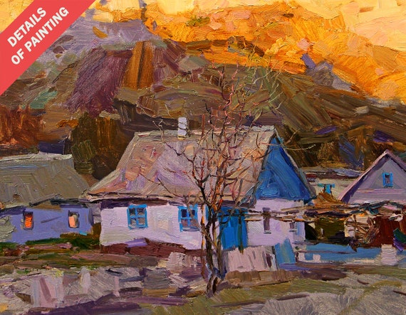 Evening Mountain View Oil Painting On Impressionistic Art Cozy Village Sunset