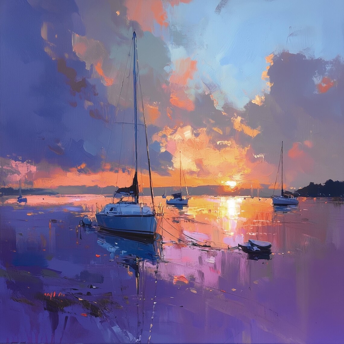 Sunset Reflections On The Water, Boats - Image 2
