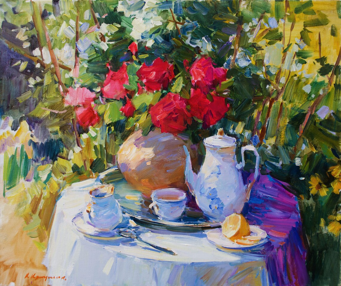 Romantic Tea Setting With Red Roses, Impressionist Oil - Image 3