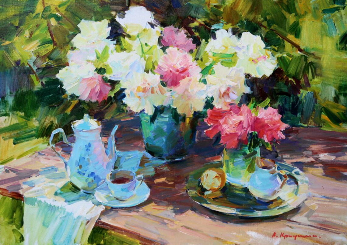 Peonies With Tea Set, Romantic Garden Still Life