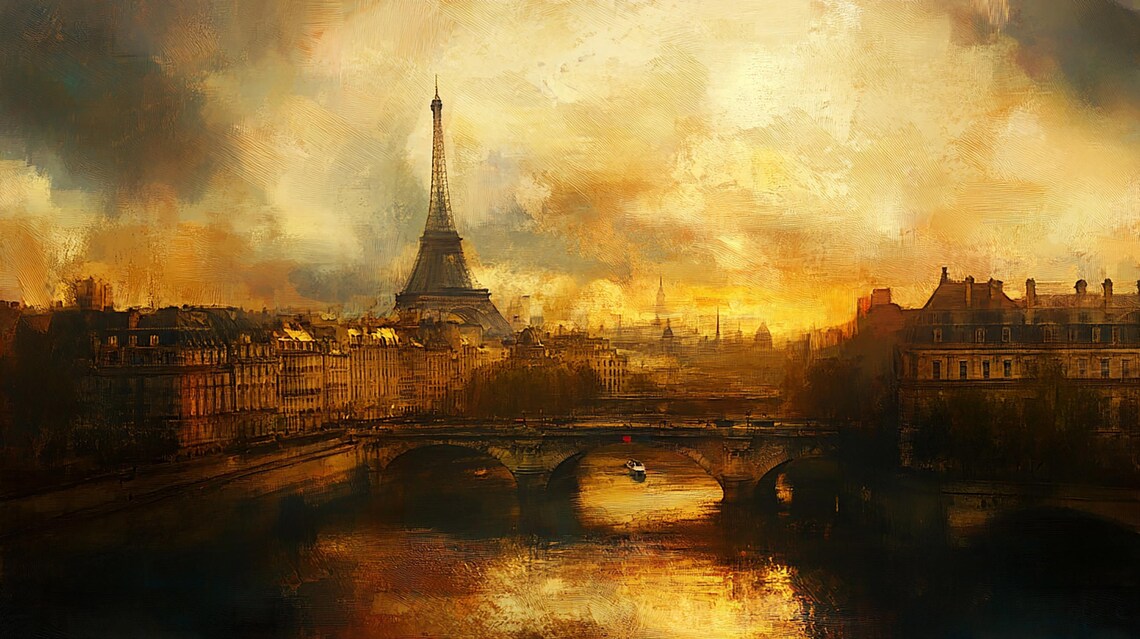 Golden Sunset Over Paris, Impressionist Cityscape - Image 2