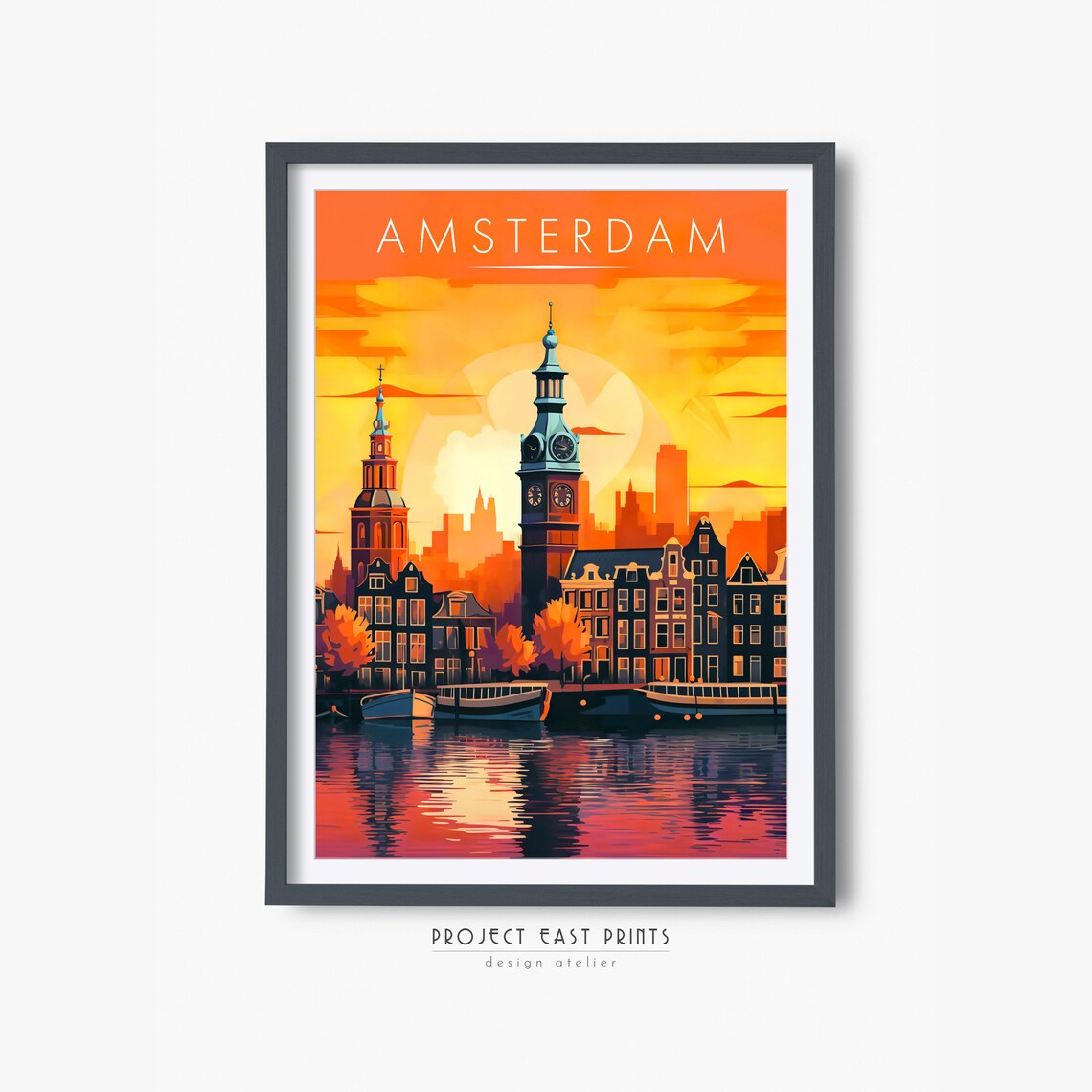 Amsterdam Canal Sunset Retro Travel Poster Clock Tower Skyline