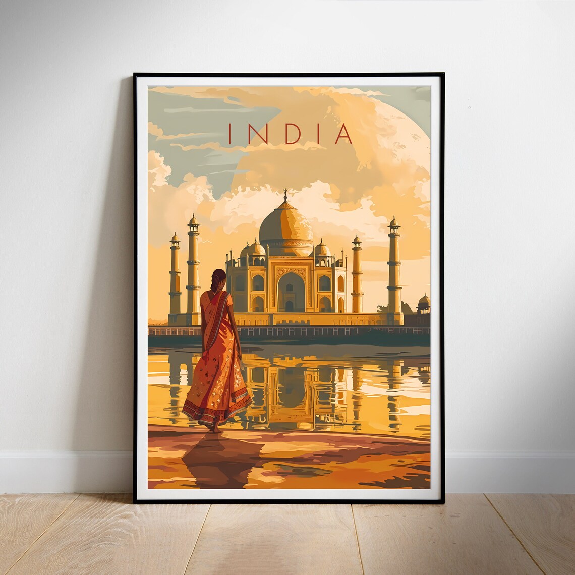 India Taj Mahal Golden Hour with Woman in Sari Travel Poster