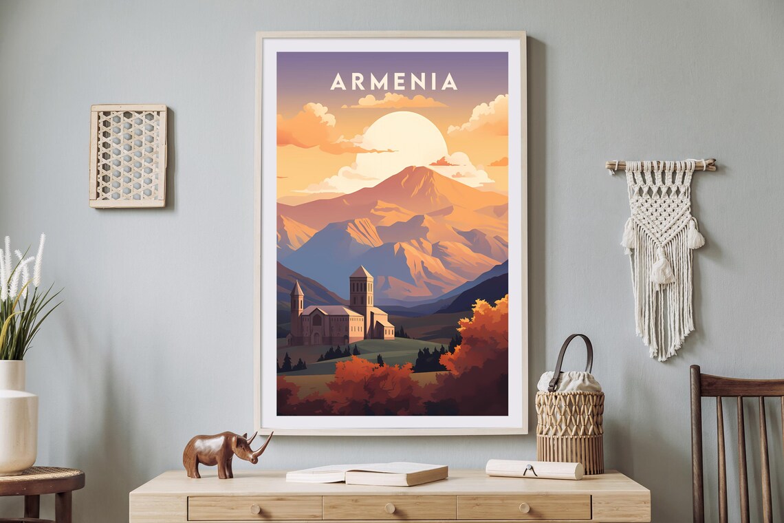 Armenia Mount Ararat Monastery Valley Sunset Retro Travel Poster - Image 2