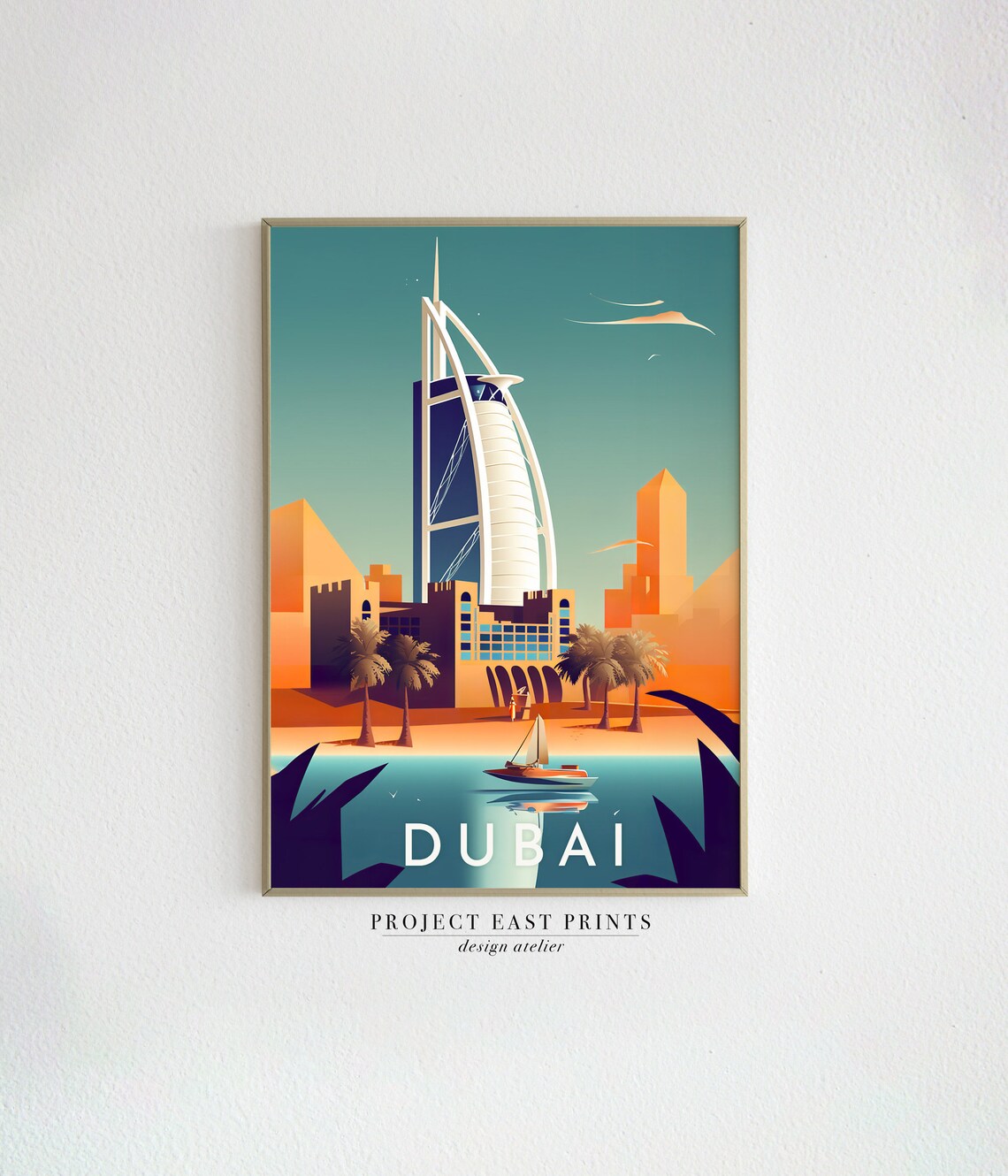 Dubai Burj Al Arab Retro Travel Poster With Beach And Sailing Boat