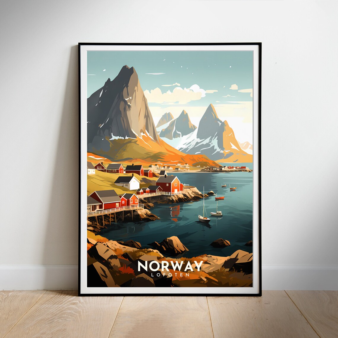 Norway Lofoten Fishing Village Fjord Mountains Travel Poster