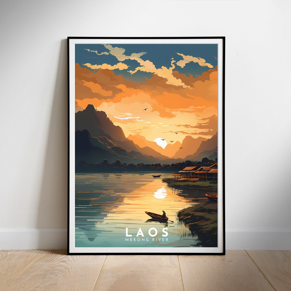 Laos Mekong Retro Travel Poster, Asia Wall Print