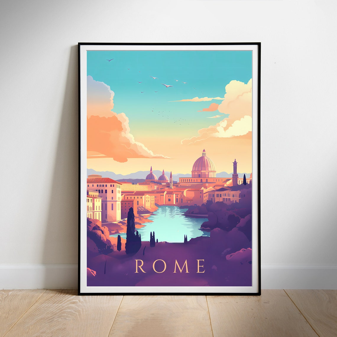 Rome Tiber Sunset Vatican Dome Golden Glow Evening Travel Poster