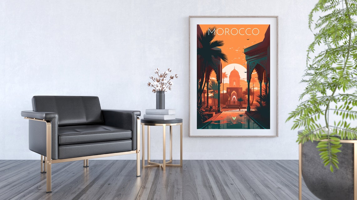 Morocco Moorish Palace Courtyard Pool Sunset Orange Travel Poster - Image 2