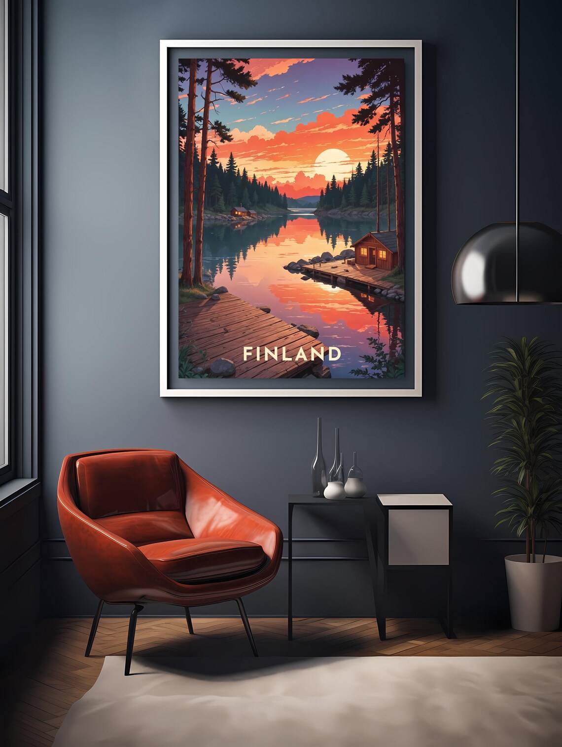 Finland Lake Sunset Log Cabin Pine Forest Lakeside Travel Poster - Image 2