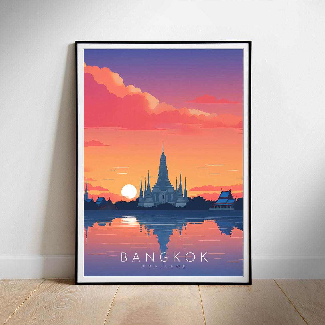 Bangkok Thailand Temple Sunset River Reflection Travel Poster