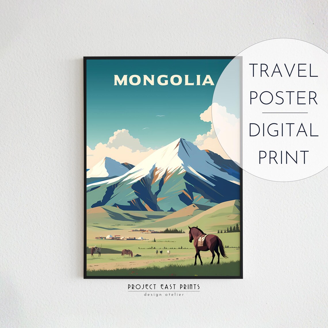 Mongolia Steppe Horses Snowy Mountain Meadow Retro Travel Poster - Image 2