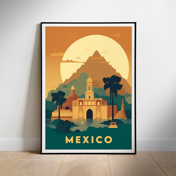Mexico Colonial Church Volcano Lake Golden Sunset Travel Poster