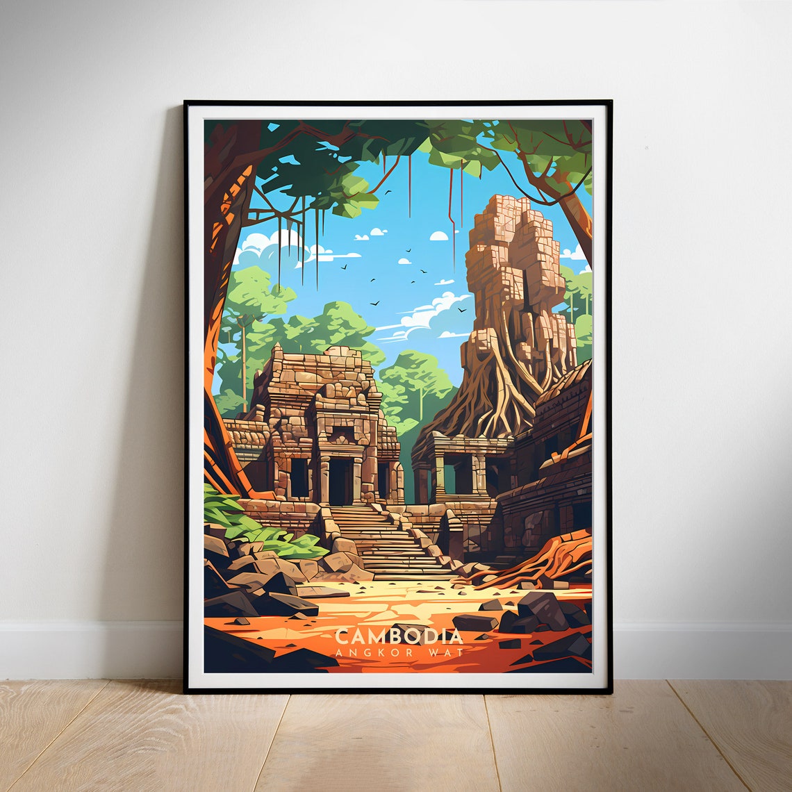 Angkor Wat Cambodia Jungle Temple Ruins Watercolor Travel Poster
