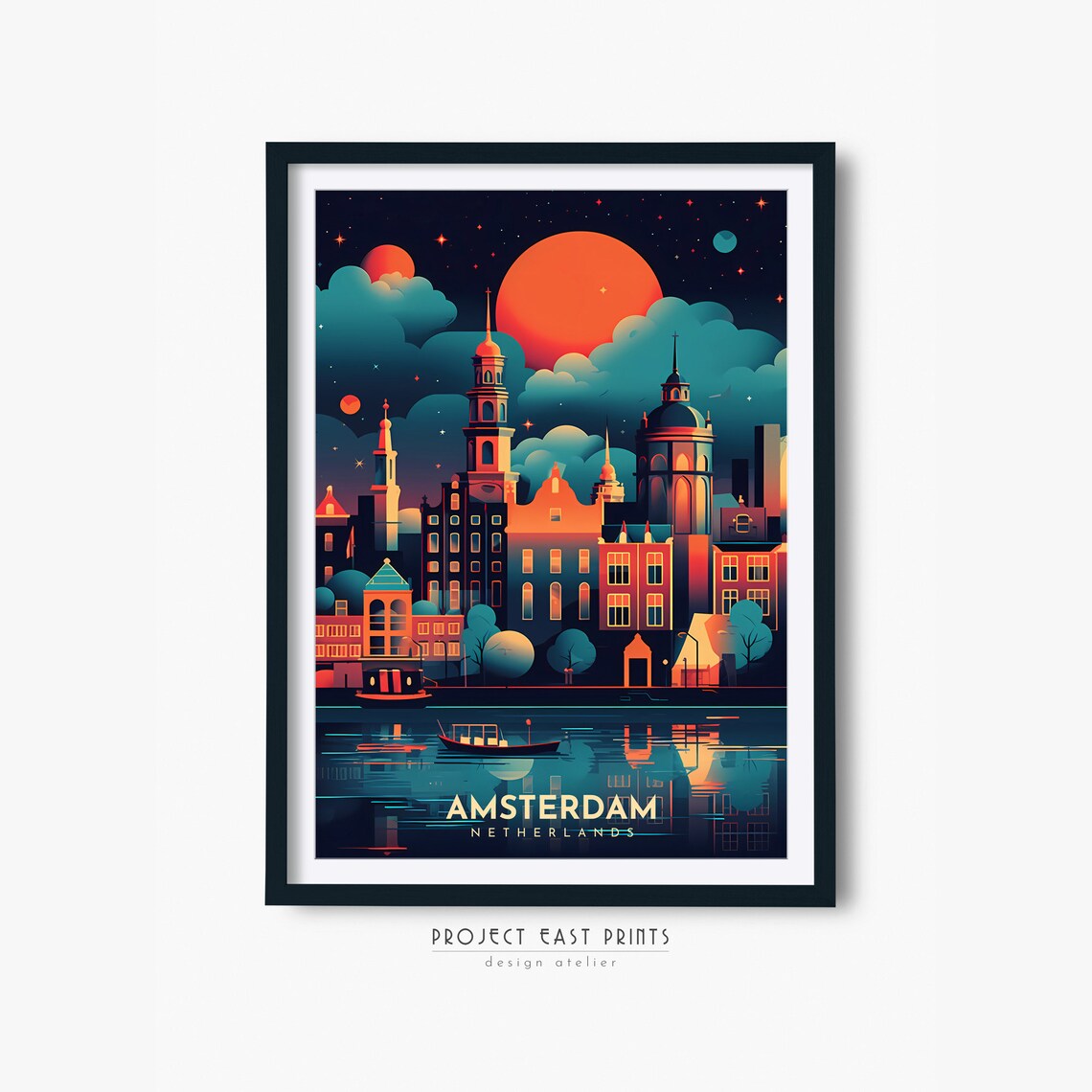 Amsterdam Netherlands Night Canal Houses Orange Moon Travel Poster
