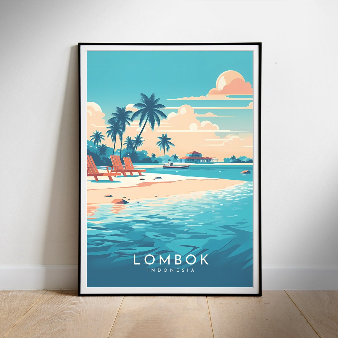 Lombok Indonesia Tropical Beach Palm Trees Retro Travel Poster