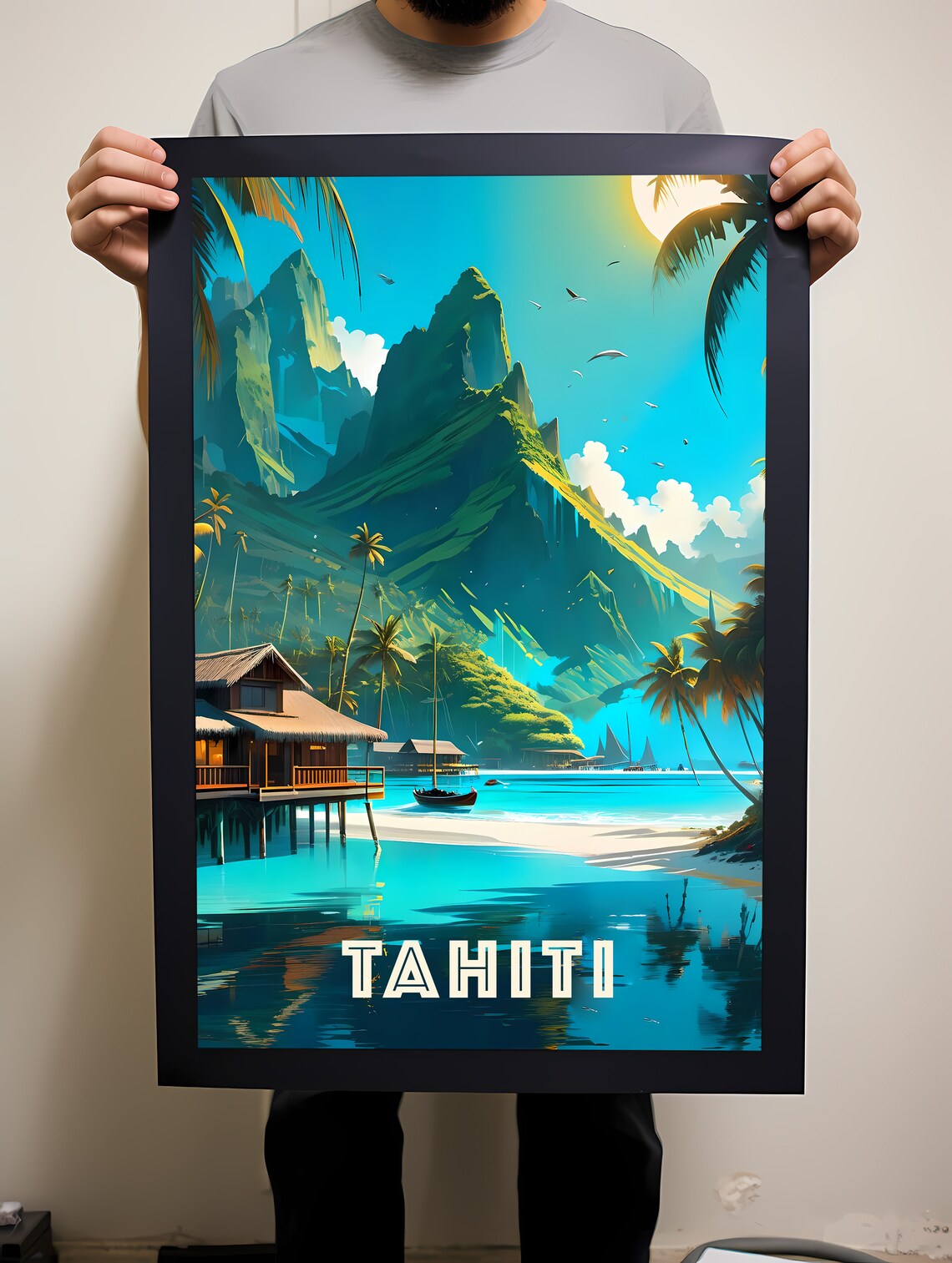 Tahiti Tropical Lagoon Overwater Bungalows Retro Travel Poster - Image 2