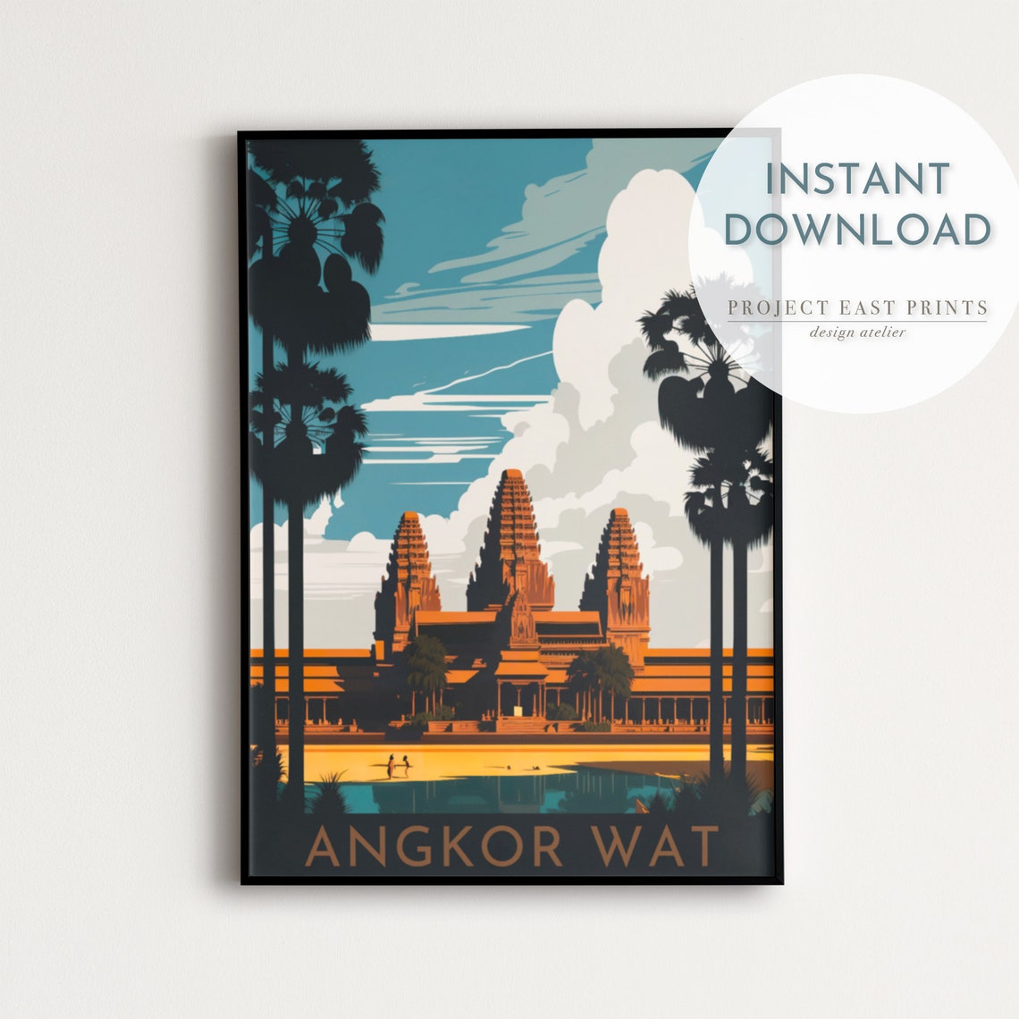 Angkor Wat Cambodia Temple Retro Travel Poster With Palm Trees Sunset