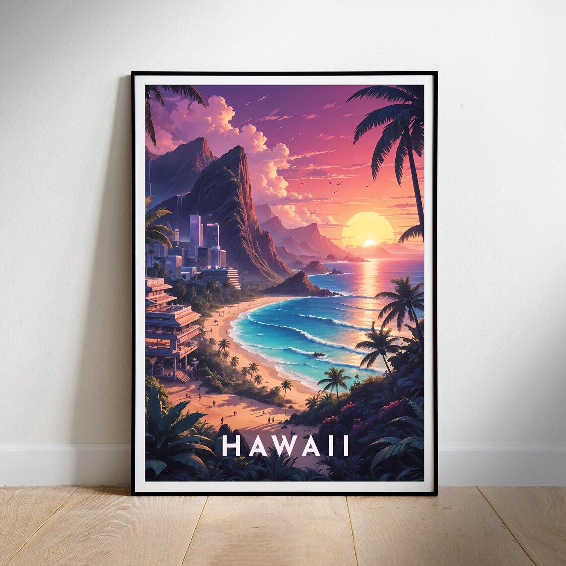 Hawaii Vibrant Sunset Beach Palms City Coastline Travel Poster