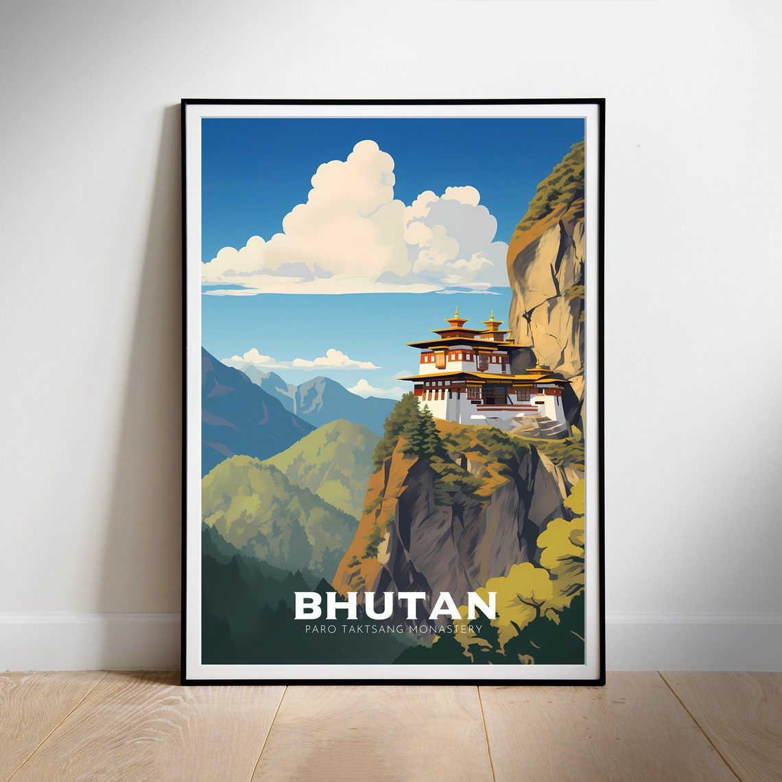 Bhutan Paro Taktsang Monastery Cliffside Retro Travel Poster